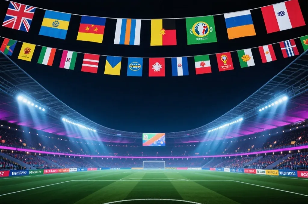 A modern soccer stadium with dynamic lighting and colorful flags representing a global tournament