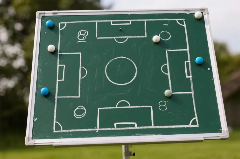 A tactical chalkboard showing soccer strategies and formations