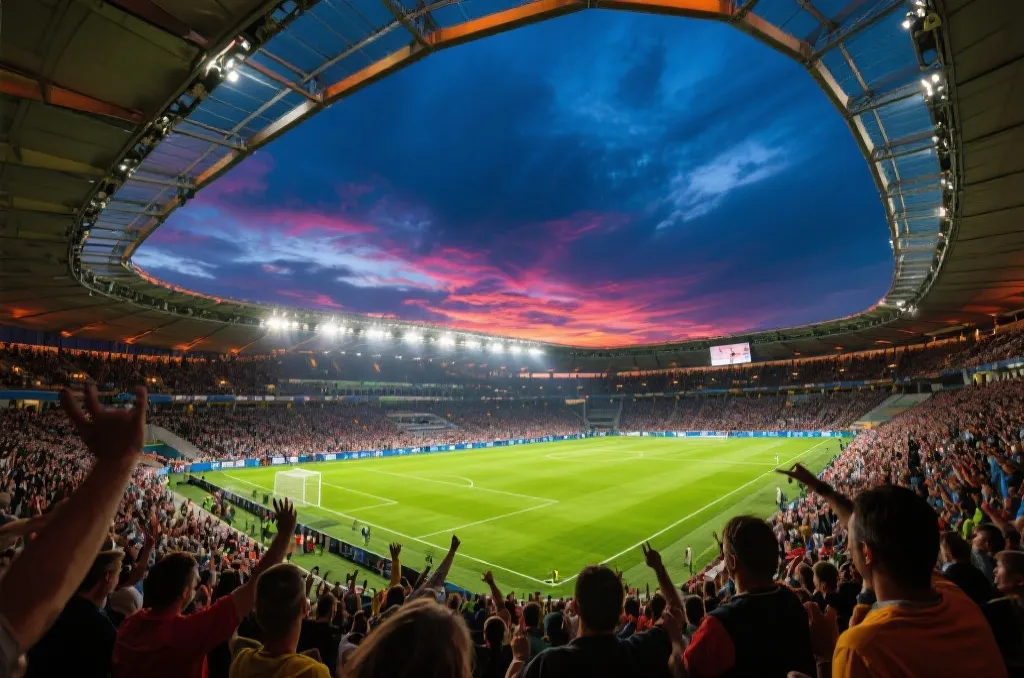 A wide-angle view of a modern soccer stadium filled with cheering spectators under a dramatic evening sky, vibrant stadium lights illuminating the field