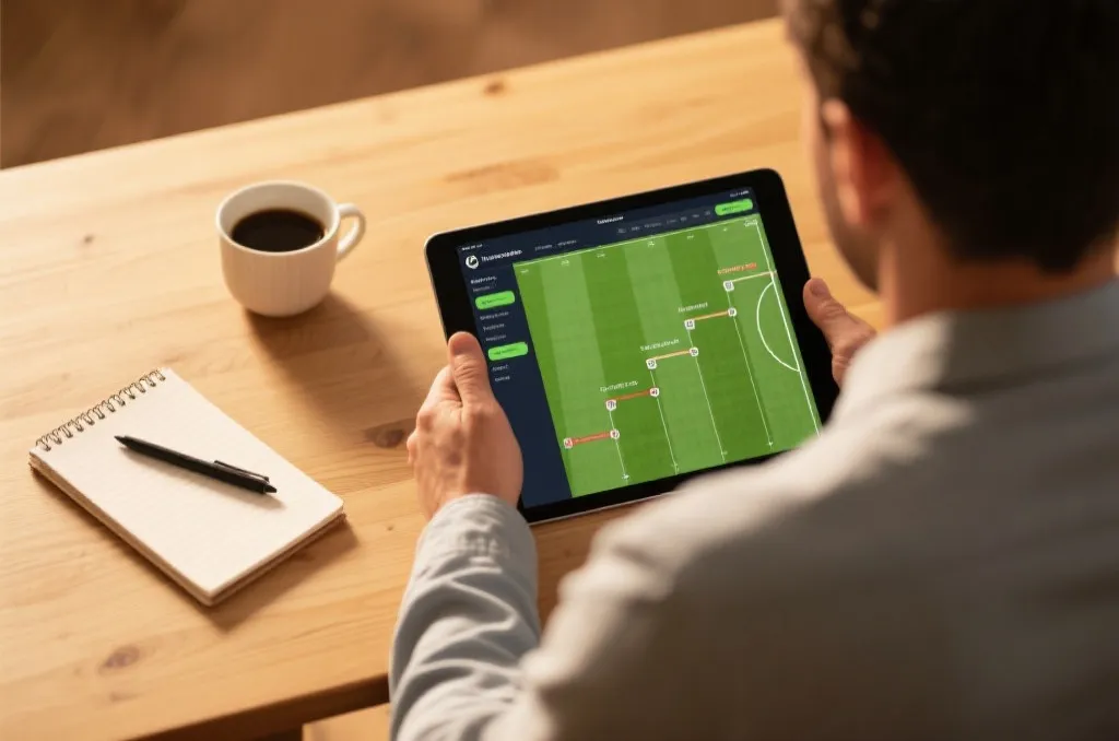 A close-up of a tablet display showing live soccer match statistics and data visualization on a desk.